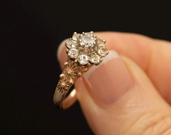 Vintage 14K Gold White Spinel Cluster Ring · Floral Halo