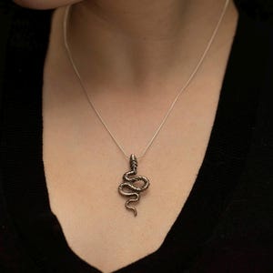 May include: A silver-toned snake pendant suspended from a thin, delicate silver chain. The pendant features a detailed, coiled serpent design with textured scales and a defined head, resting against the neck on a simple, minimalist metal chain.