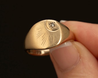 Vintage 9k Gold Signet Ring · Diamond Star Set · Birmingham Hallmark