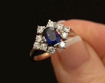 Vintage 10K Gold Sapphire and CZ Cluster Ring · Yellow & White Gold · Size 8