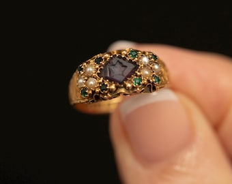 Antique 1876 Victorian 15ct Gold Carved Star Amethyst & Seed Pearl Ring · Birmingham
