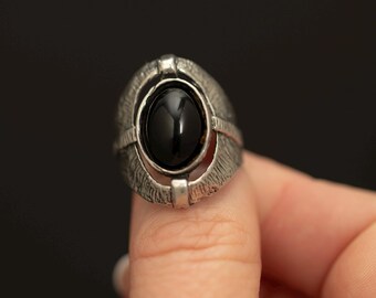 Vintage Black Onyx Sterling Silver Ring · Sculptural Modernist Statement Ring
