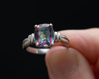 Silver Mystic Topaz Ring Cushion Cut Stone Prong Set