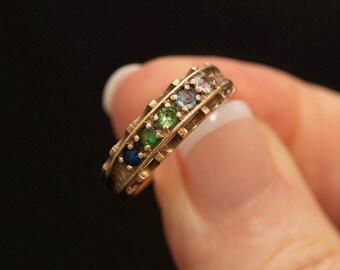 Vintage 10K Gold Family Ring · Rainbow Gemstone Band · Size 6