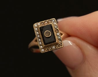 Antique 14k Gold Mourning Ring · Black Onyx · Seed Pearl · Paste