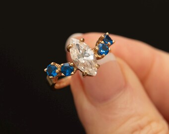 Vintage 10K Gold Blue Spinel & Marquise CZ Ring · Elegant Three Stone Style · Size 6.75