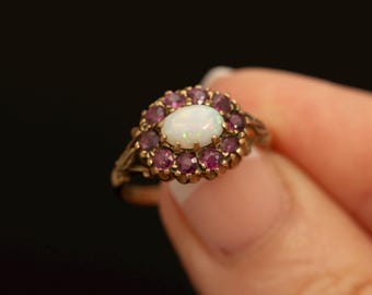 Vintage Opal & Ruby Halo Ring · 9ct Gold London 1975 Floral Cluster