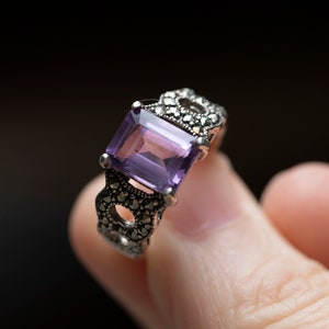 Emerald Cut Amethyst Ring with Marcasite Detailing in Sterling Silver