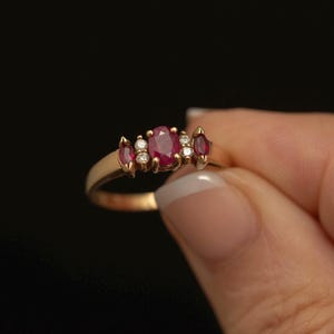 Vintage 14K Gold Ruby & Diamond Ring · Three Ruby Cluster Ring
