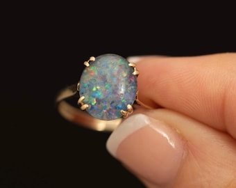 Vintage 9ct Gold Black Opal Doublet Ring · Oval Opal Solitaire · Size 7.5