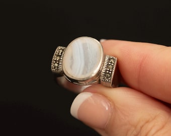 Vintage Blue Lace Agate Ring · Sterling Silver Marcasite Ring · Size 7.75
