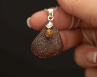 Sterling Silver Sea Glass Pendant · Brown Beach Glass Necklace · Goldstone Accent