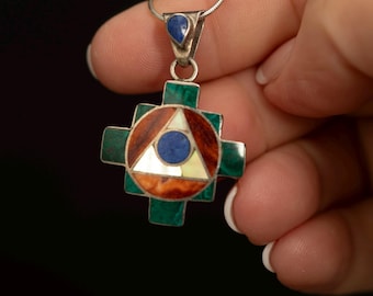 Vintage 950 Silver Inlay Pendant · Geometric Cross · Lapis Malachite