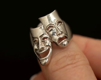 Vintage Theatre Mask Ring · Comedy Tragedy Sterling Silver · Dramatic Statement Band