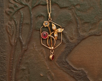Antique 9ct Gold Garnet & Seed Pearl Pendant · Art Nouveau Drop