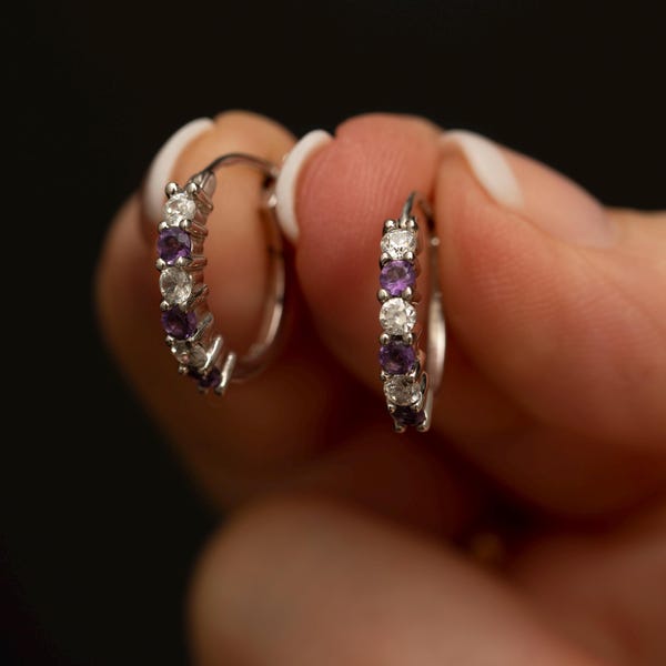 Sterling Silver Amethyst & Quartz Hoop Earrings • February Birthstone • Vintage Silver Hoops