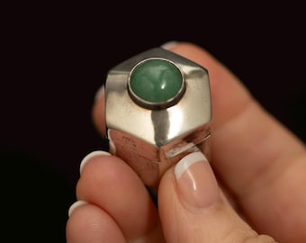Vintage Mexican Silver Pill Box · Jade Cabochon Lid · Hexagon Sterling Keepsake Box