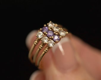Vintage 14K Gold Iolite & Quartz Triple Band Ring · 9 Stone · Size 8.25
