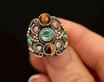 Vintage Sterling Silver Shield Ring · Tiger's Eye Turquoise Coral · Boho Statement Ring Size 8.25