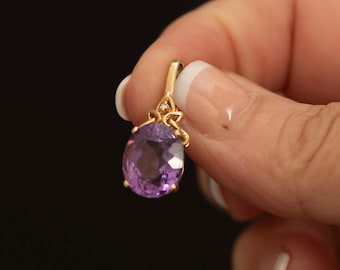 Vintage 9k Gold Amethyst Pendant · Hinged Bail · Diamond Accent