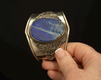 Vintage Lapis Lazuli Filigree Cuff Bracelet Wide Silver Tone Statement Bracelet