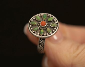 Sterling Silver Coral Turquoise Ring · Floral Cluster Disk Ring · Vintage Boho Statement