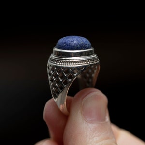 Handmade Lapis Lazuli Ring with Crisscross Lattice Design in Sterling Silver