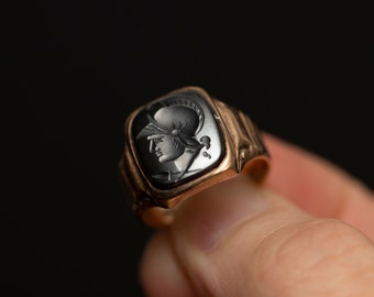 Vintage 10K Gold Signet Ring with Intaglio Roman Figure and Mid Century Modern Design - Size 6.5