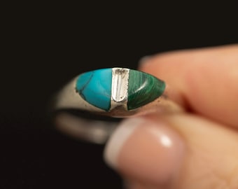 Mexican Silver Turquoise Malachite Ring · Split Inlay Band · Vintage Mexico