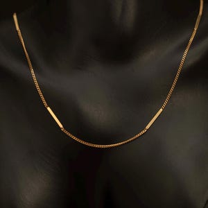 Könnte beinhalten: Eine goldfarbene Kettenhalskette mit einer Reihe dünner, glatter, rechteckiger Metallstäbe, die in die Glieder integriert sind. Die Halskette zeigt ein zartes Panzerkettendesign mit abwechselnden Segmenten aus Kette und polierten Metallstäben.