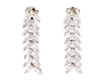 Wedding Silver Dangle Falling Leaf Marquise Crystal Diamond Cubic Zirconia Earrings