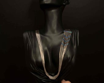 Vintage Sterling Silver 10 Strand Lapis Lazuli Necklace – 25" Southwestern Style Beaded Jewelry