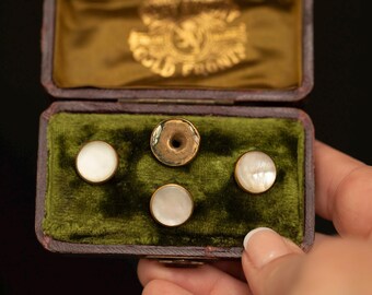 Antique Mother of Pearl Shirt Studs · Gold Front · Original Box · Edwardian