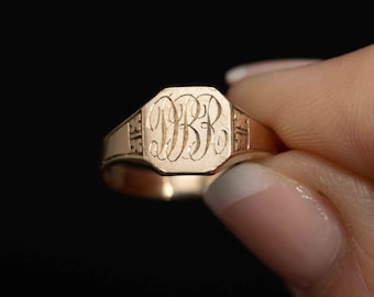 Vintage 10K Gold Signet Ring · Engraved DBR · Art Deco Style