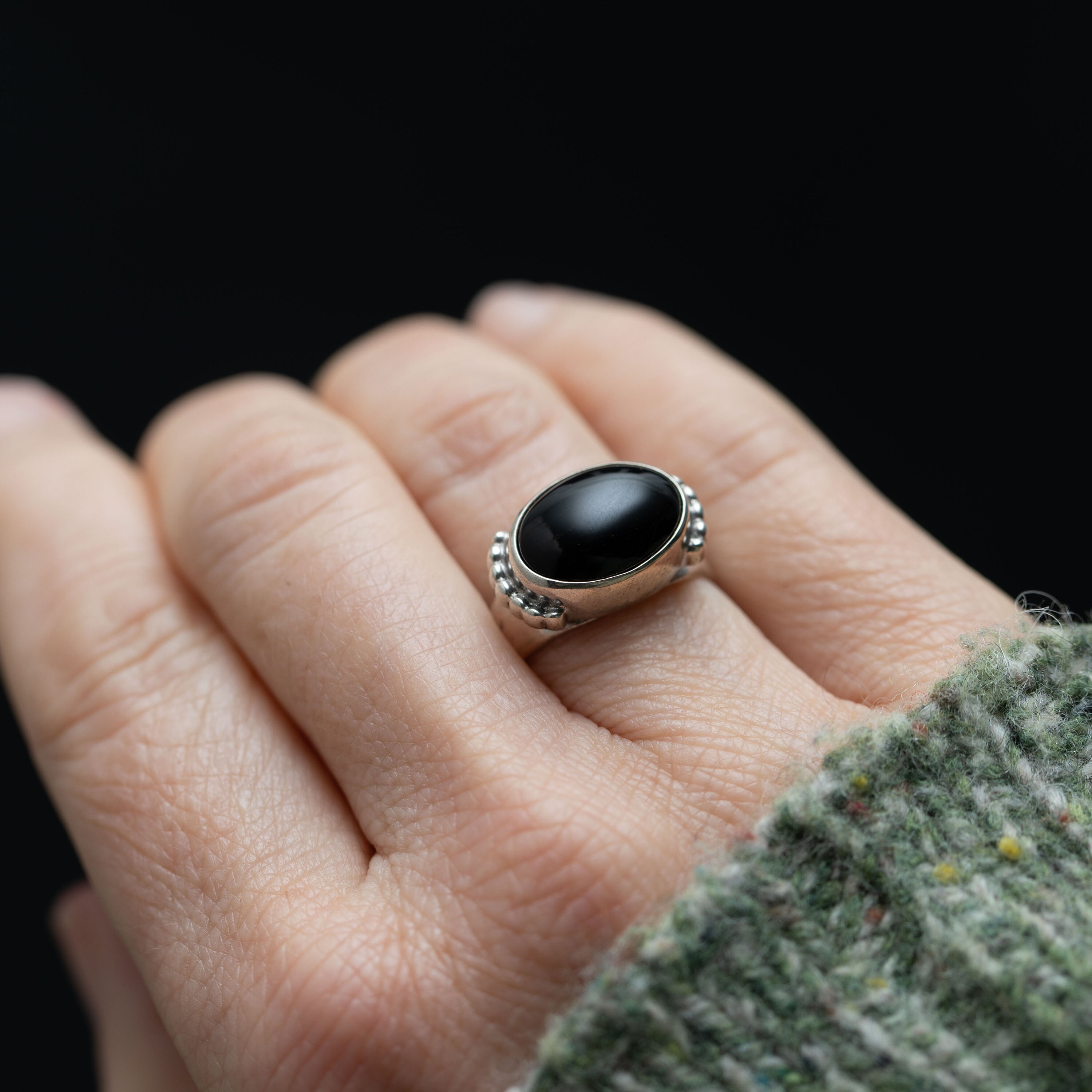 Vintage Silver Ring With Large Oval Black Stone and 14 Vintage Silver Ring With Large Oval Black Stone and 14