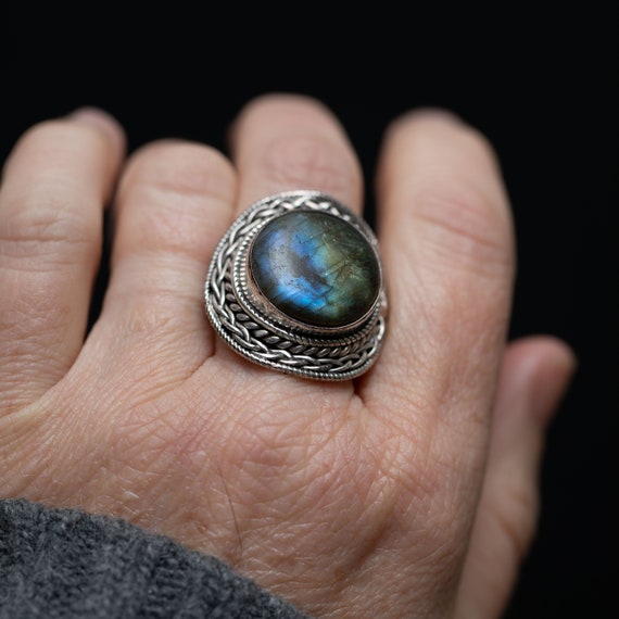 Vintage Silver Labradorite Statement Ring – Size … - image 4