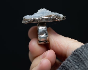 Vintage Druzy Agate Ring · Sterling Silver Statement · Size 7.25