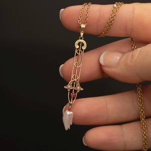 10k Gold Antique Lavaliere Pendant with Genuine Ruby, Seed Pearl and a Small Baroque Pearl