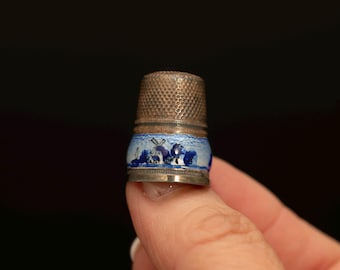 Vintage Silver & Enamel Windmill Thimble · Dutch Scene · Collectible Sewing