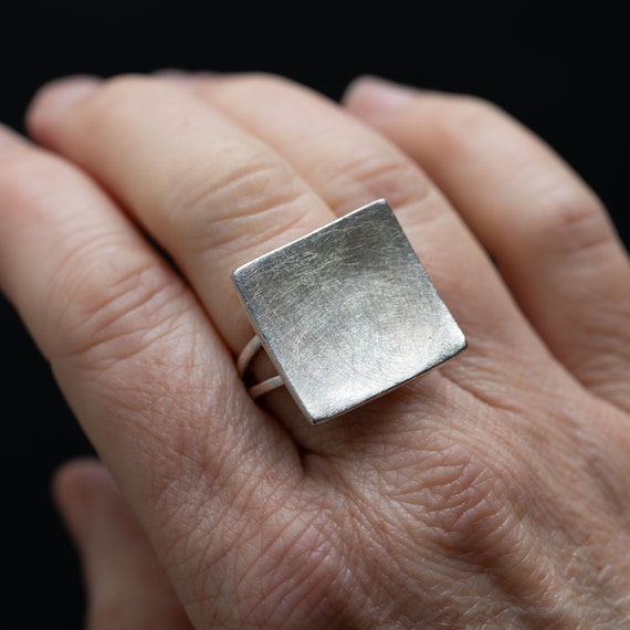 Handmade Square Silver Ring With Brushed Concave Face - Etsy