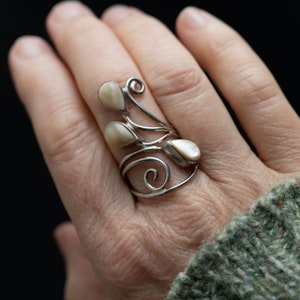 Moonstone Ring With Full Finger Silver Freeform Wire Filigree