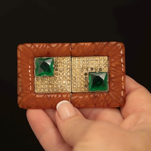 Art Deco Bakelite Belt Buckle · Green Glass & Rhinestones · 1930s
