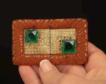 Art Deco Bakelite Belt Buckle · Green Glass & Rhinestones · 1930s