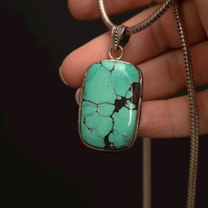 Vintage Sterling Silber Türkis Anhänger • Großer rechteckiger Cabochon • Statement Southwestern Halskette