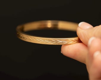 Vintage Birks Rolled Gold Bangle · Engraved Leaf Bracelet · 14K GF Marathon