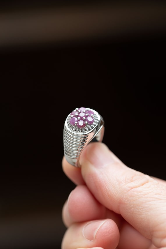 Silver Ruby Cluster Ring with Geometric Designs - image 1