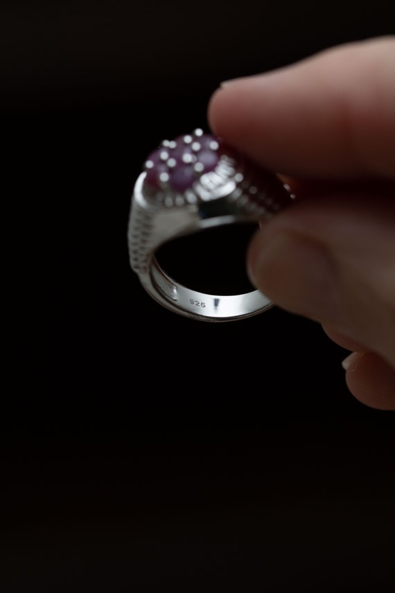 Silver Ruby Cluster Ring with Geometric Designs - image 7