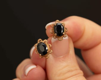 Vintage 10K Gold Oval Sapphire Floral Stud Earrings