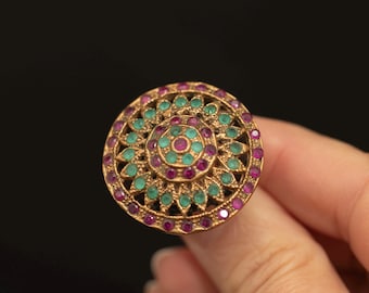 Vintage Sterling Silver Gilt Ruby & Green Stone Cocktail Ring · Size 8