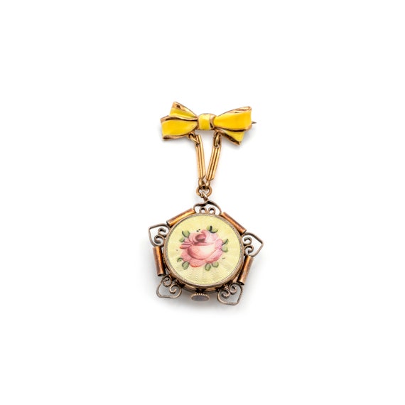 Vintage Guilloche Enamel Watch Brooch - Working